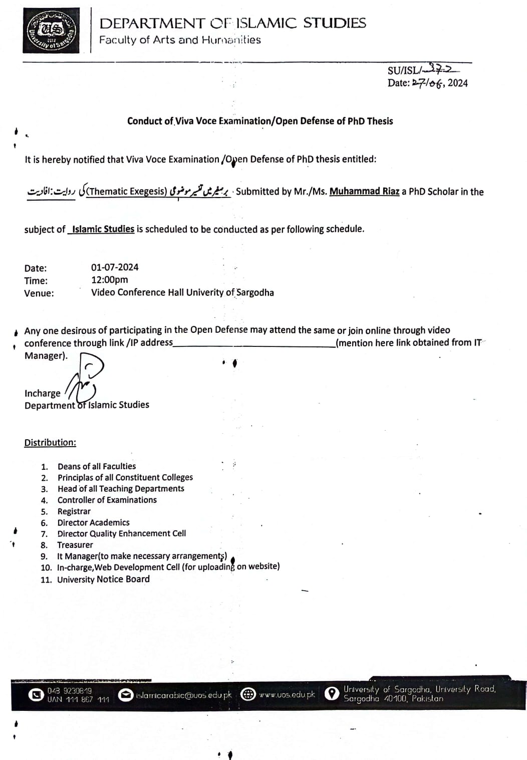 CONDUCT OF VIVA VOCE EXAMINATION/ OPEN DEFENSE OF PHD THESIS (ISLAMIC STUDIES)